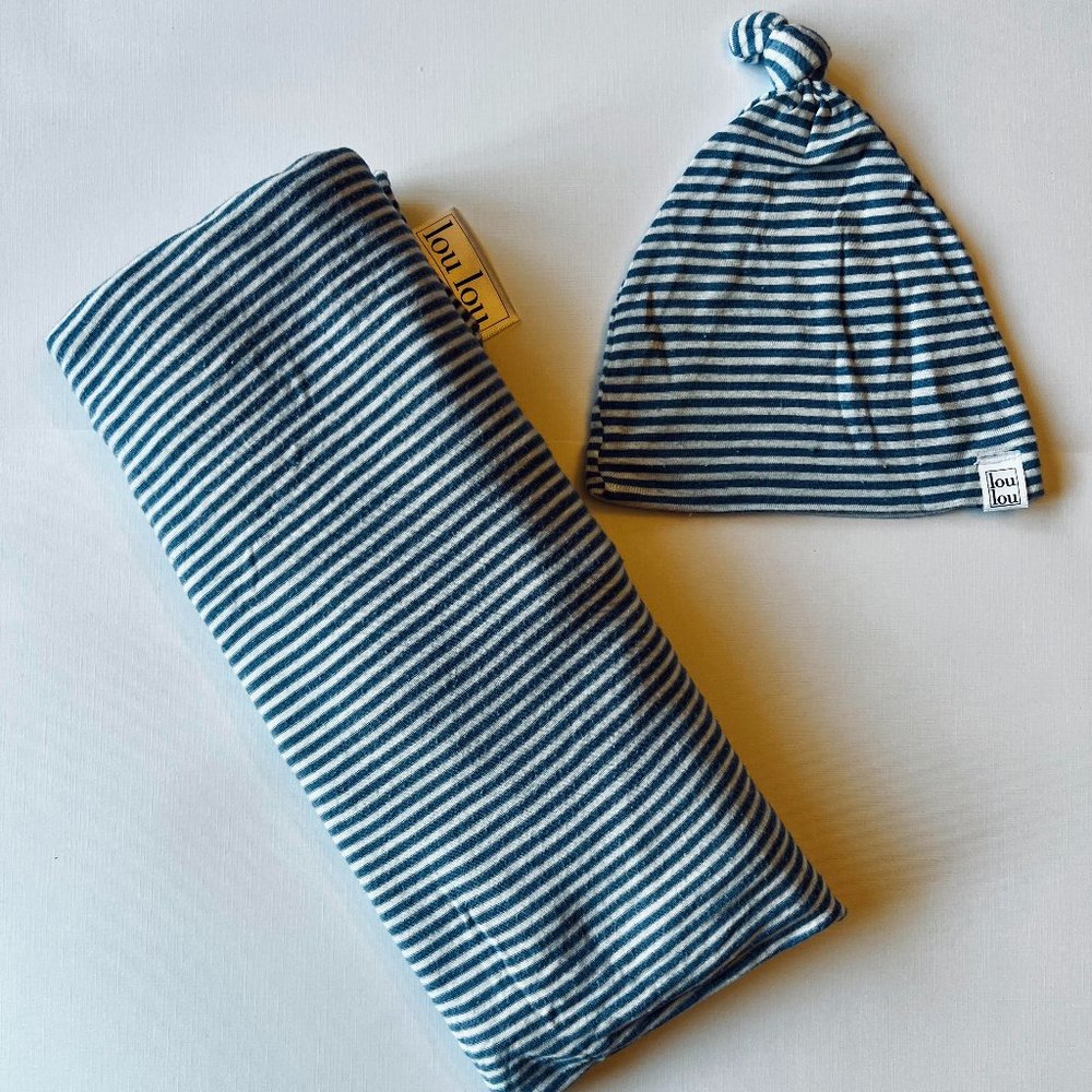 Lou Lou & Company Blue and White Striped Baby Swaddle Blanket and Hat